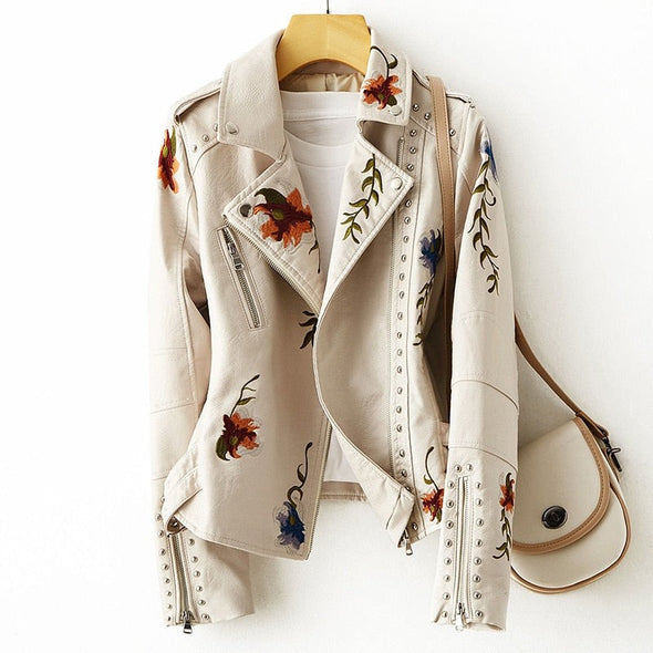 Josefine™ | Stilfuld Bikerjakke med Blomstret Broderi