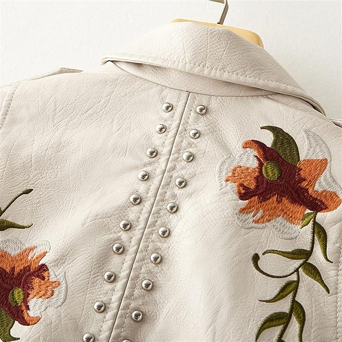 Josefine™ | Stilfuld Bikerjakke med Blomstret Broderi