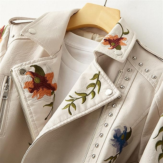 Josefine™ | Stilfuld Bikerjakke med Blomstret Broderi