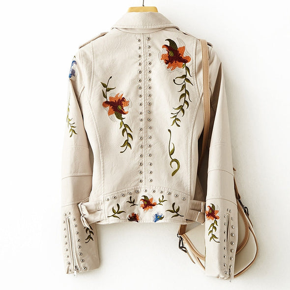 Josefine™ | Stilfuld Bikerjakke med Blomstret Broderi